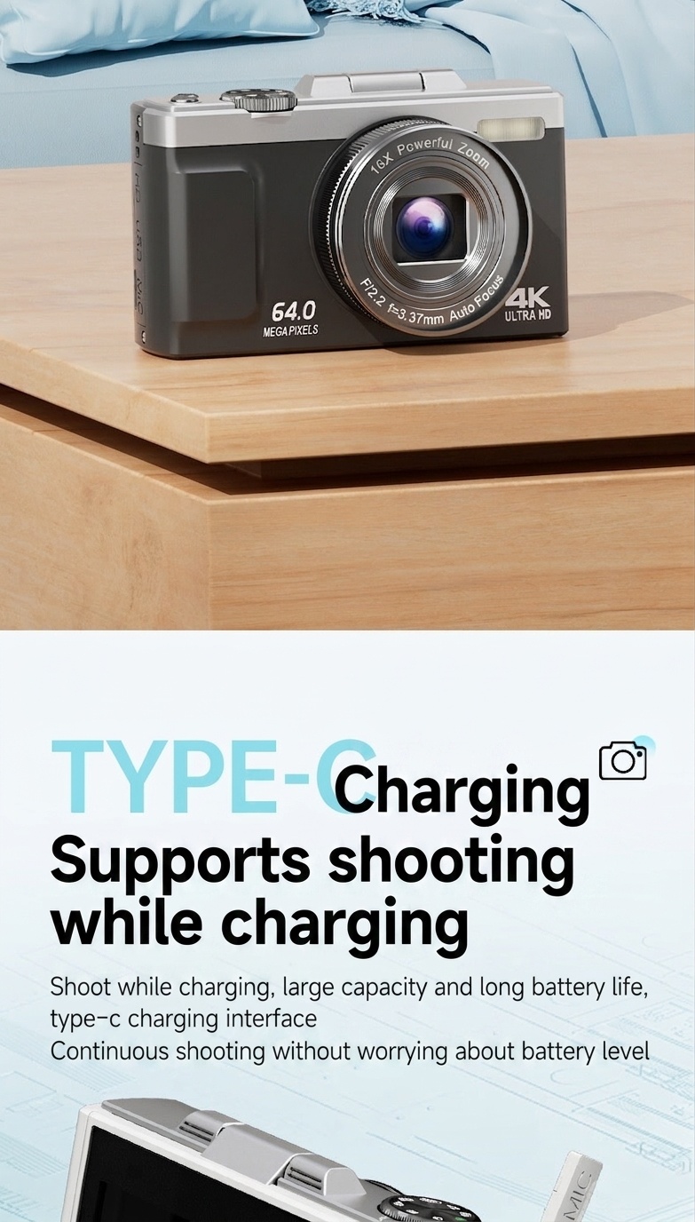 64MP 4K Digital Camera with 180° Flip Screen, 16X Optical Zoom, Long-Lasting Battery, Versatile Shooting Modes
