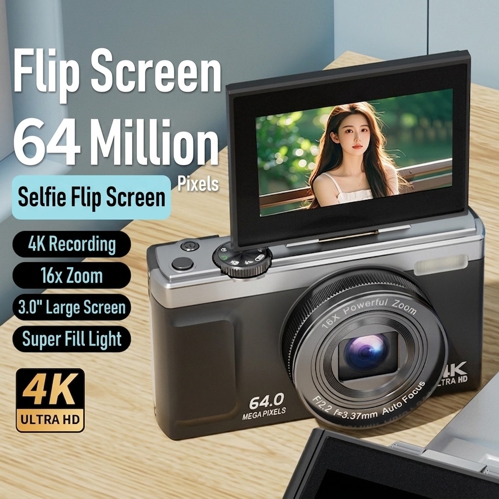 64MP 4K Digital Camera with 180° Flip Screen, 16X Optical Zoom, Long-Lasting Battery, Versatile Shooting Modes
