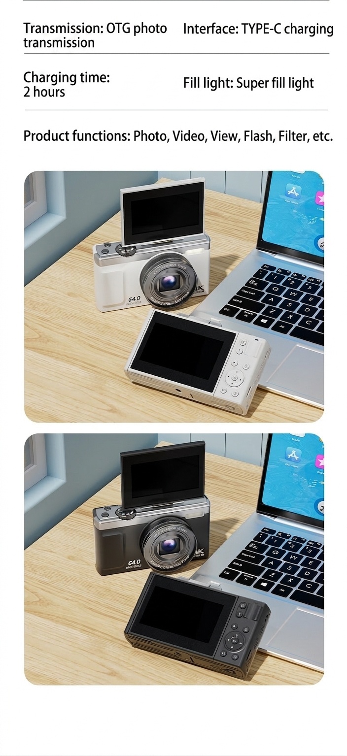 64MP 4K Digital Camera with 180° Flip Screen, 16X Optical Zoom, Long-Lasting Battery, Versatile Shooting Modes