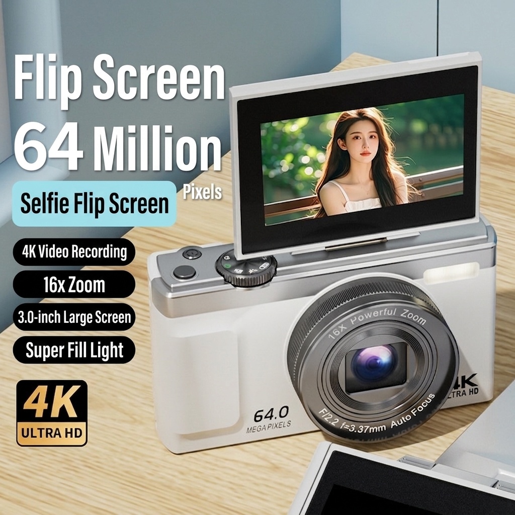64MP 4K Digital Camera with 180° Flip Screen, 16X Optical Zoom, Long-Lasting Battery, Versatile Shooting Modes
