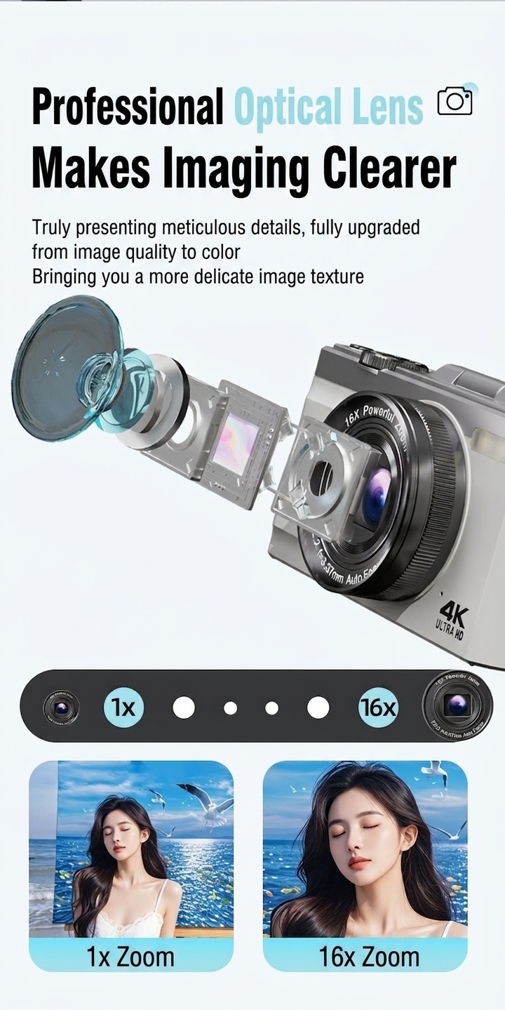 64MP 4K Digital Camera with 180° Flip Screen, 16X Optical Zoom, Long-Lasting Battery, Versatile Shooting Modes