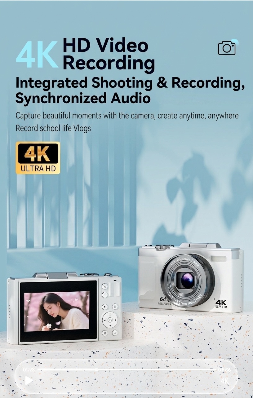 64MP 4K Digital Camera with 180° Flip Screen, 16X Optical Zoom, Long-Lasting Battery, Versatile Shooting Modes