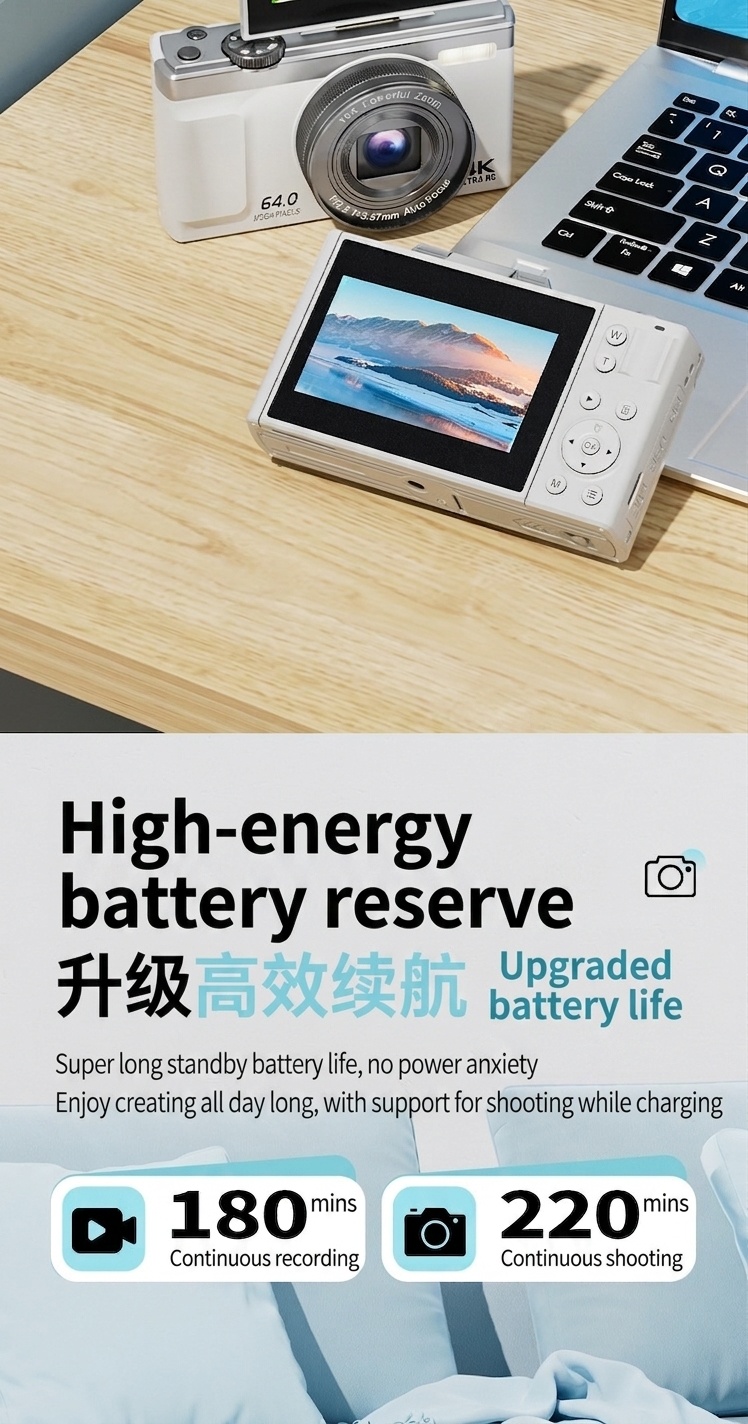 64MP 4K Digital Camera with 180° Flip Screen, 16X Optical Zoom, Long-Lasting Battery, Versatile Shooting Modes
