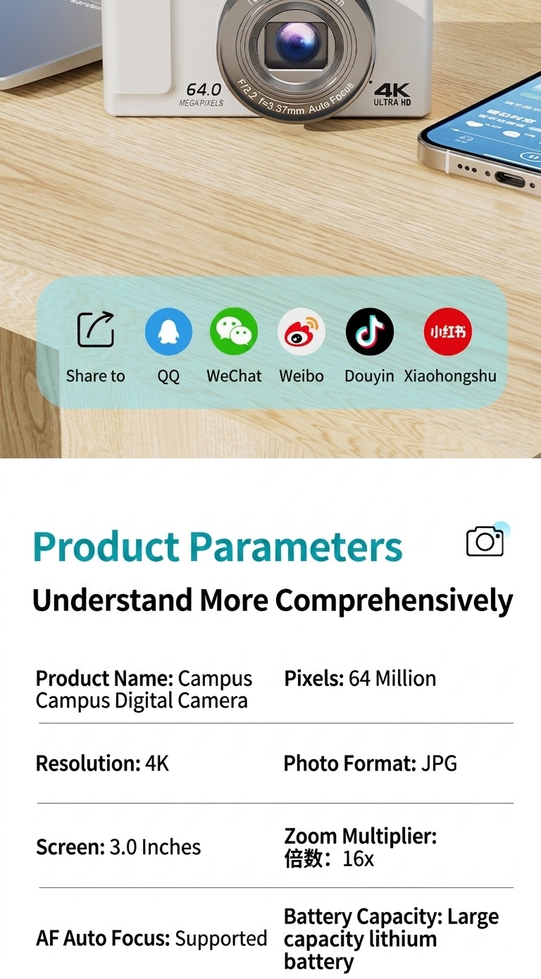 64MP 4K Digital Camera with 180° Flip Screen, 16X Optical Zoom, Long-Lasting Battery, Versatile Shooting Modes