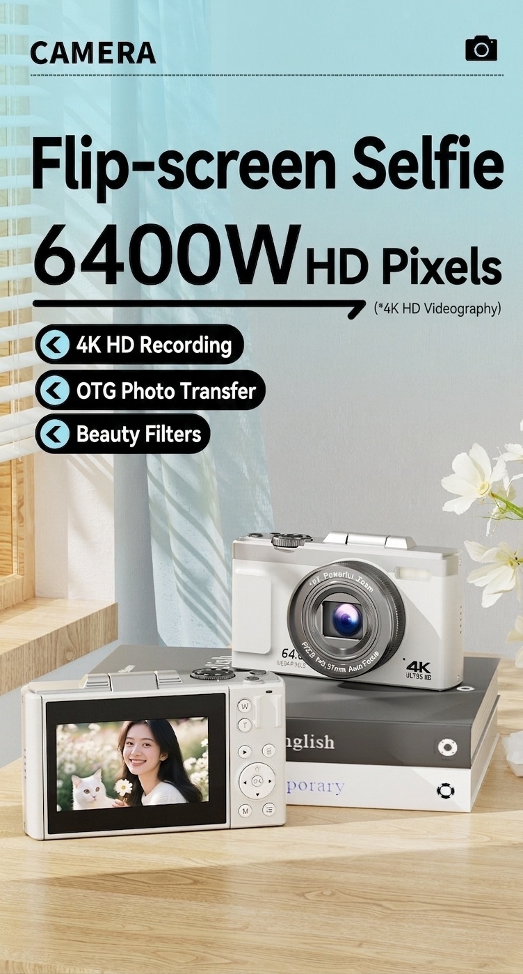64MP 4K Digital Camera with 180° Flip Screen, 16X Optical Zoom, Long-Lasting Battery, Versatile Shooting Modes