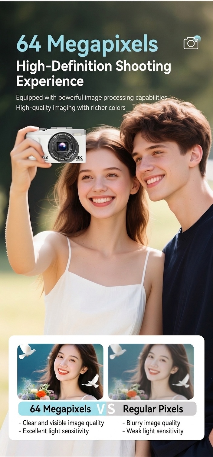 64MP 4K Digital Camera with 180° Flip Screen, 16X Optical Zoom, Long-Lasting Battery, Versatile Shooting Modes
