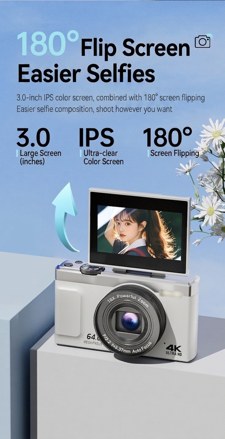 64MP 4K Digital Camera with 180° Flip Screen, 16X Optical Zoom, Long-Lasting Battery, Versatile Shooting Modes