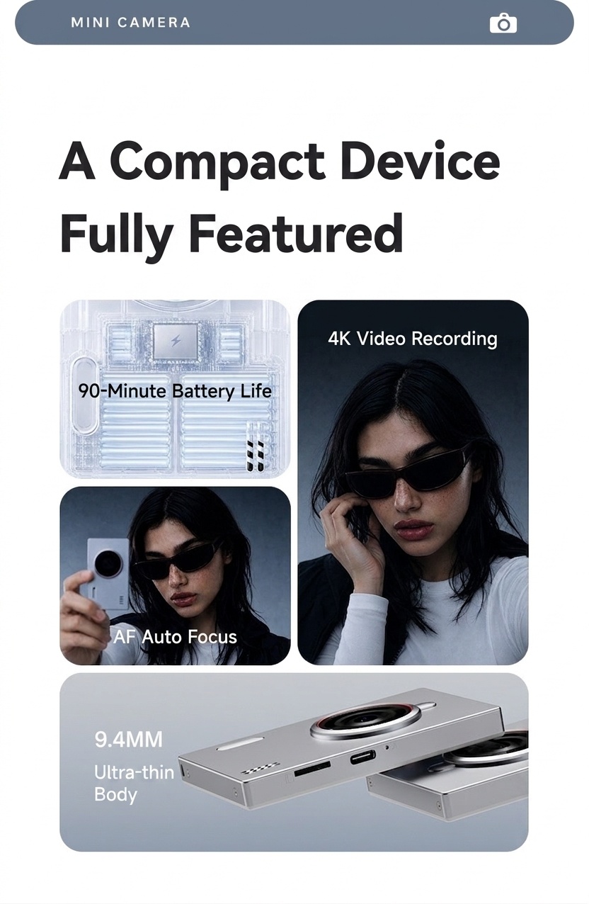 Minicámara digital portátil 4K de 80 MP, pantalla IPS de 2,4 pulgadas, enfoque automático, batería con 90 minutos de duración y compatible con tarjetas Micro SD.