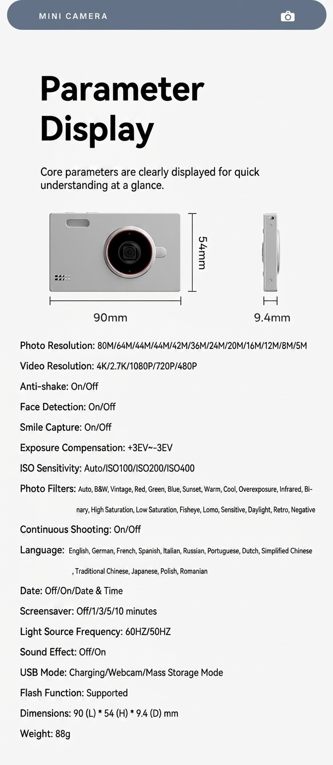 Minicámara digital portátil 4K de 80 MP, pantalla IPS de 2,4 pulgadas, enfoque automático, batería con 90 minutos de duración y compatible con tarjetas Micro SD.
