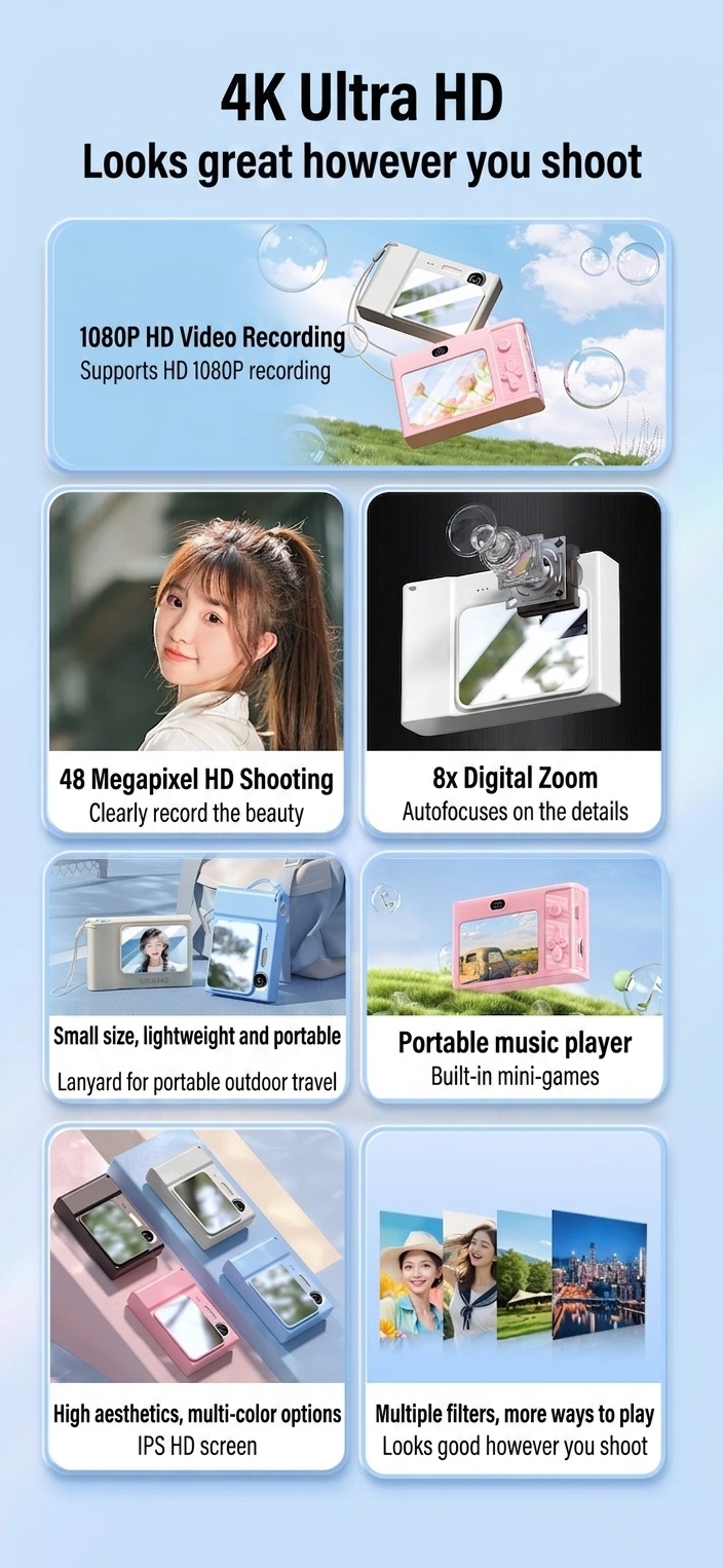 Cámara digital 4K de 48 MP para niños y vlogging, enfoque automático, zoom digital de 8x, batería de 650 mAh, juegos integrados.
