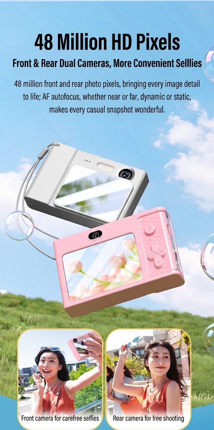 Cámara digital 4K de 48 MP para niños y vlogging, enfoque automático, zoom digital de 8x, batería de 650 mAh, juegos integrados.
