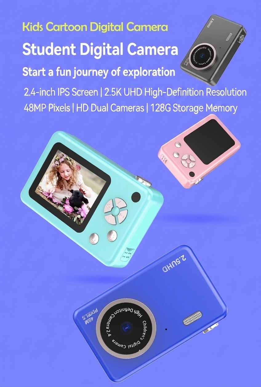 Kids 48MP Dual Lens Digital Camera, 2.5K UHD Video, 2.4-Inch IPS Eye-Protection Screen, 800mAh Battery