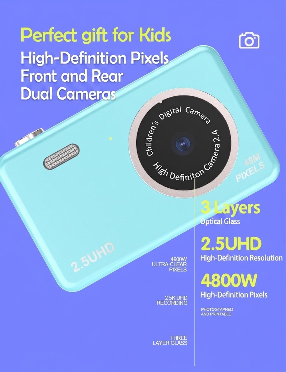Kids 48MP Dual Lens Digital Camera, 2.5K UHD Video, 2.4-Inch IPS Eye-Protection Screen, 800mAh Battery