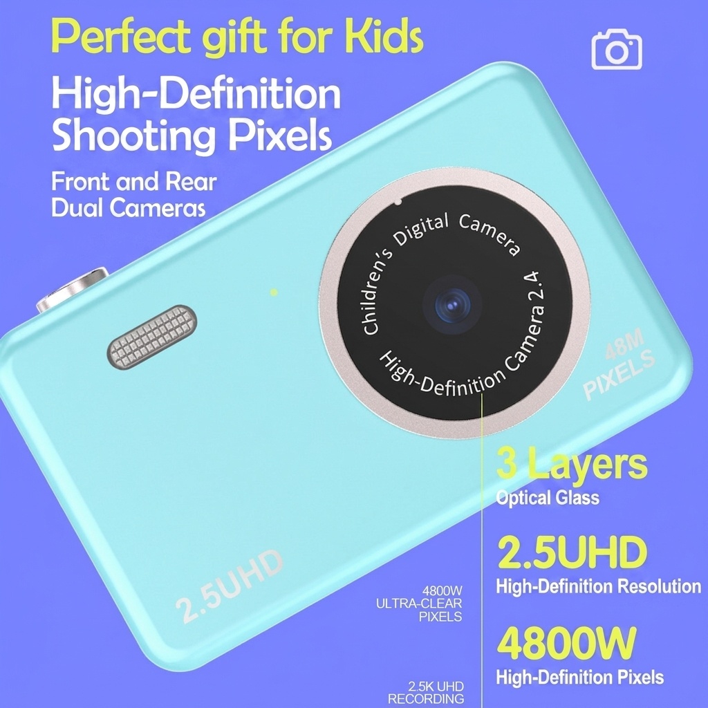 Kids 48MP Dual Lens Digital Camera, 2.5K UHD Video, 2.4-Inch IPS Eye-Protection Screen, 800mAh Battery