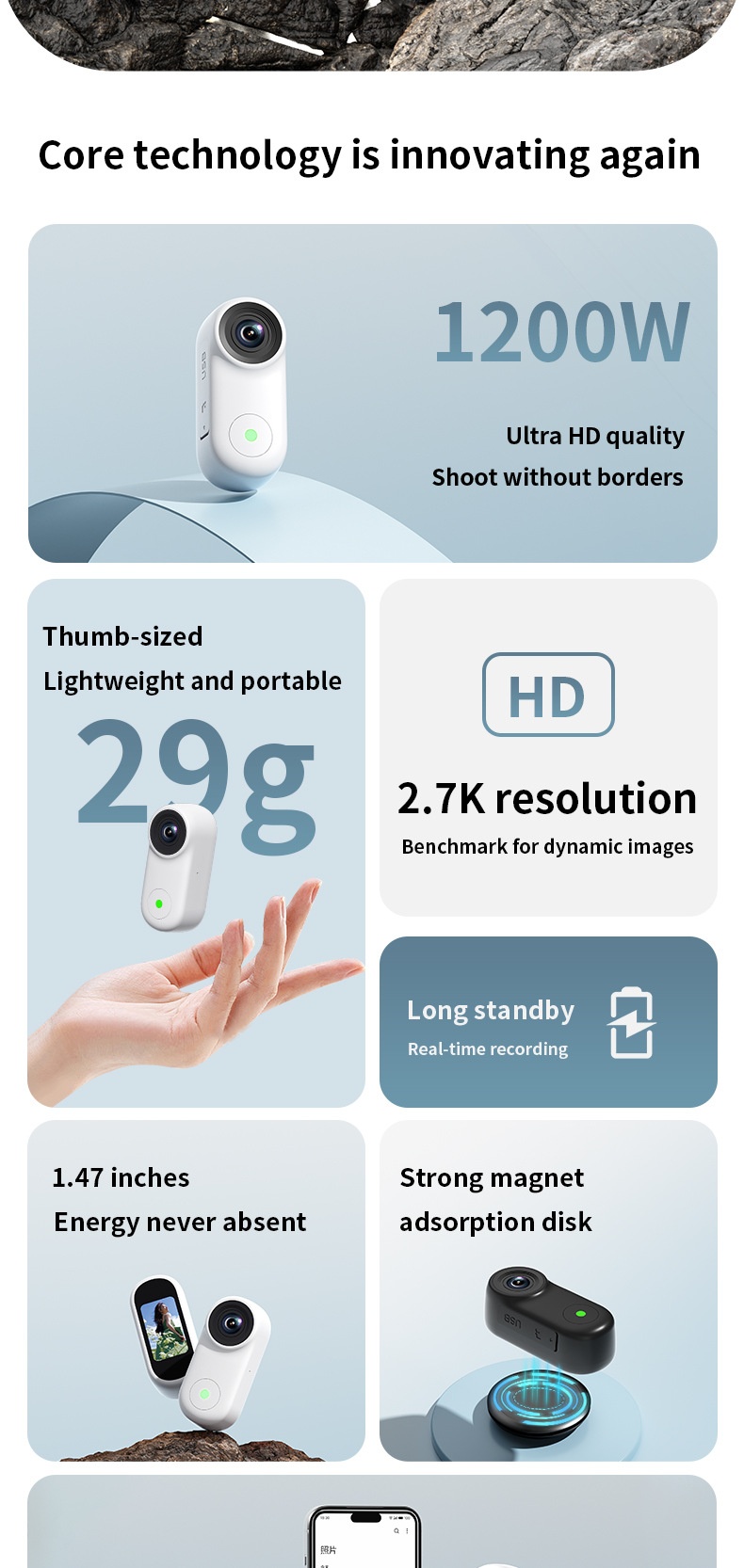 2.7K HD Anti-Shake Thumb Camera with WiFi Transmission, Magnetic Mount, 1.47-Inch Screen, 450mAh Battery