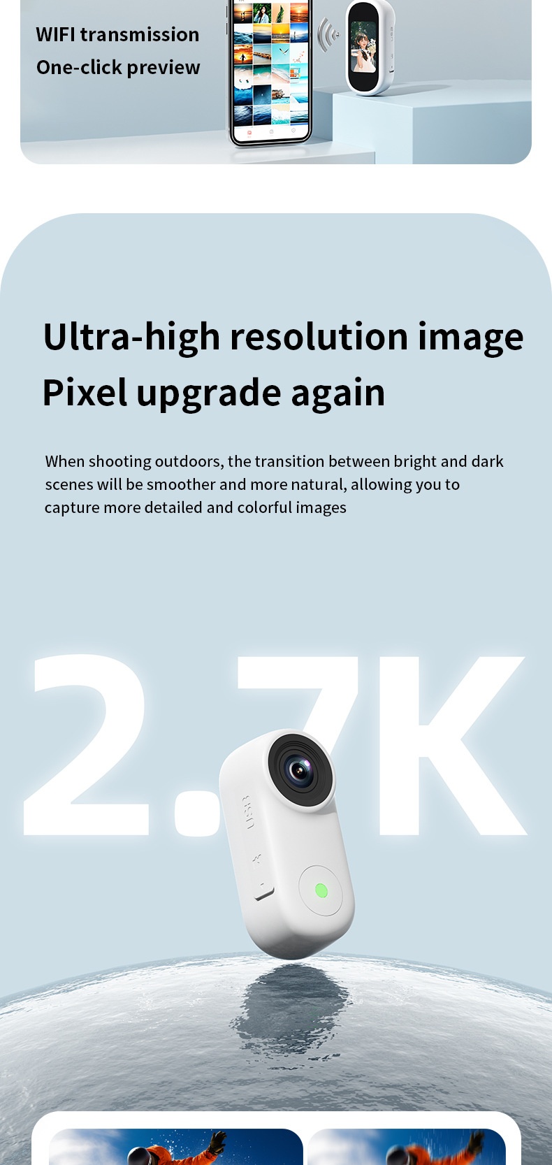 2.7K HD Anti-Shake Thumb Camera with WiFi Transmission, Magnetic Mount, 1.47-Inch Screen, 450mAh Battery