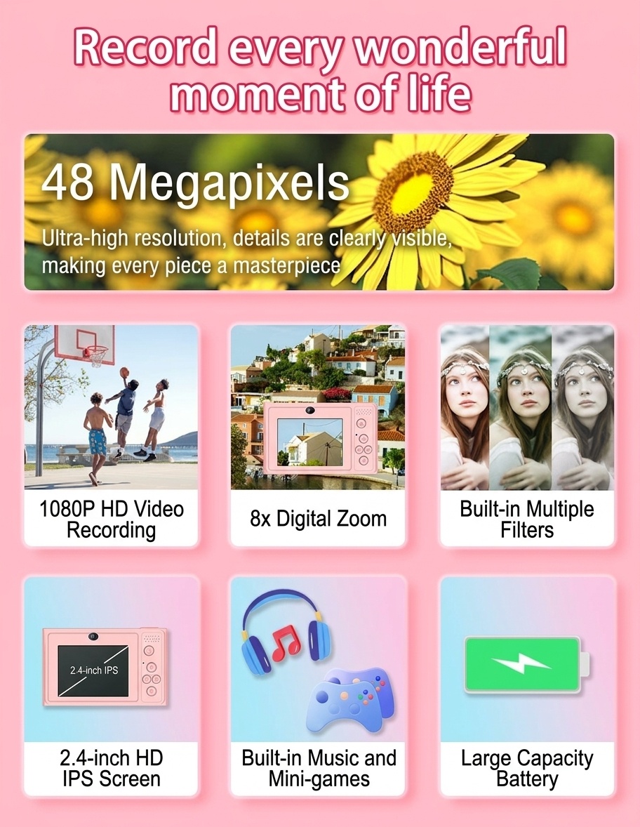 Kids 48MP Digital Camera 1080P Video Recorder, 2.4-Inch IPS Screen, Built-in Games & Music, 400mAh Battery