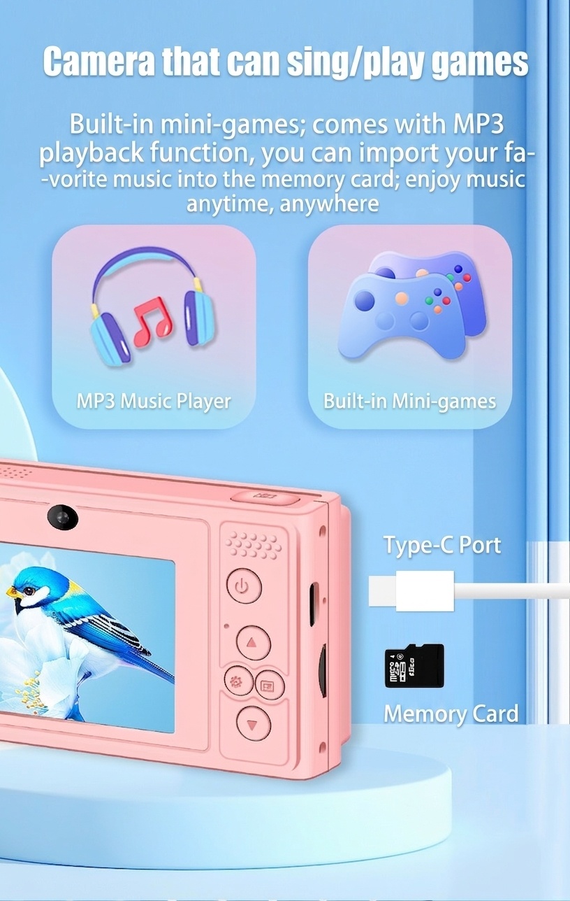 Kids 48MP Digital Camera 1080P Video Recorder, 2.4-Inch IPS Screen, Built-in Games & Music, 400mAh Battery