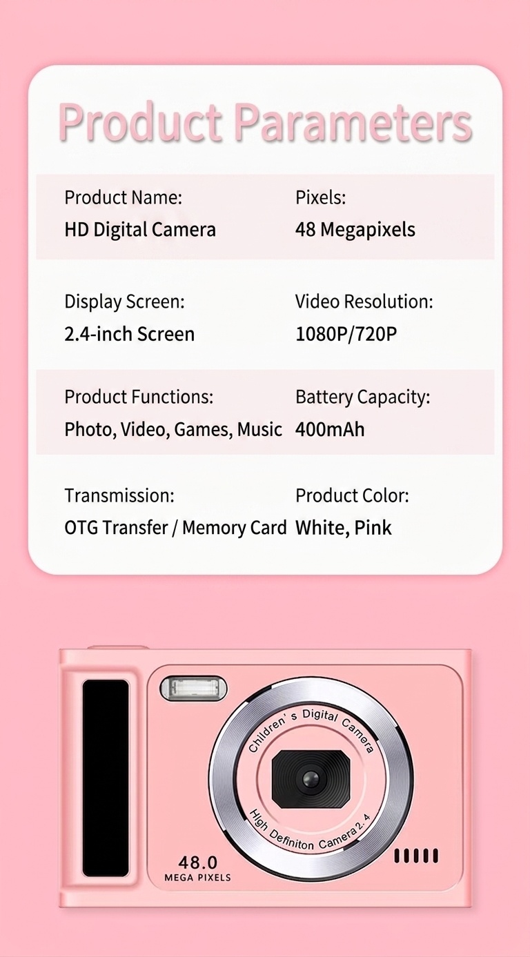 Kids 48MP Digital Camera 1080P Video Recorder, 2.4-Inch IPS Screen, Built-in Games & Music, 400mAh Battery