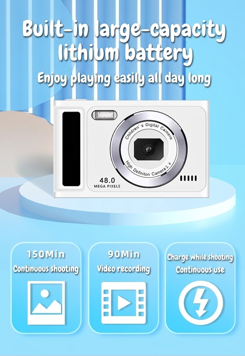 Kids 48MP Digital Camera 1080P Video Recorder, 2.4-Inch IPS Screen, Built-in Games & Music, 400mAh Battery