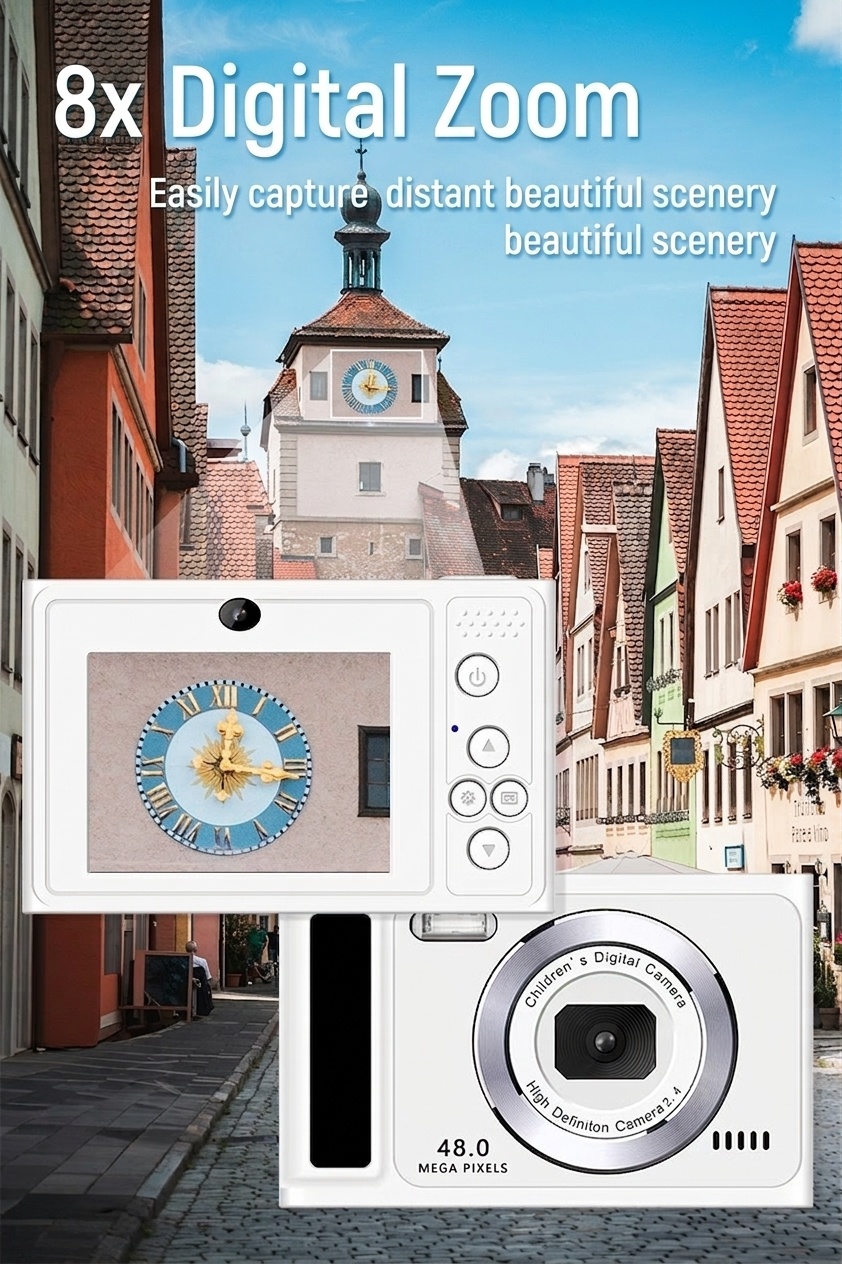 Kids 48MP Digital Camera 1080P Video Recorder, 2.4-Inch IPS Screen, Built-in Games & Music, 400mAh Battery