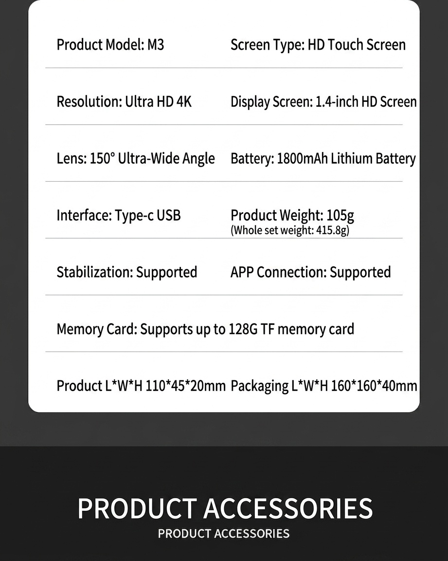 Cámara de acción M3 4K con pantalla táctil de 1,4 pulgadas, función para compartir por WiFi, resistencia al agua IPX6 y 3,5 horas de duración de la batería.
