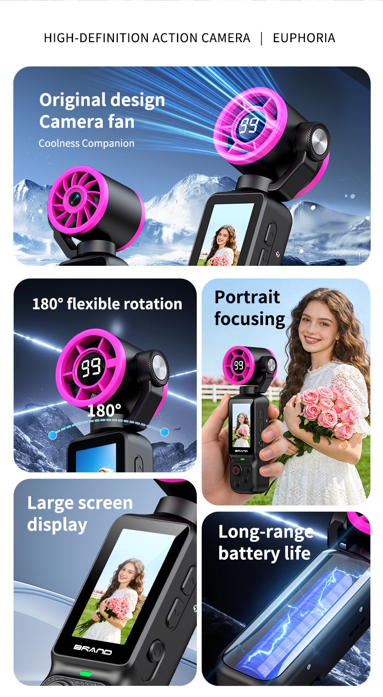 Fan Gimbal Camera 1080P HD Anti-Shake Vlog Action Cam, 180° Rotatable Lens, 2000mAh Battery