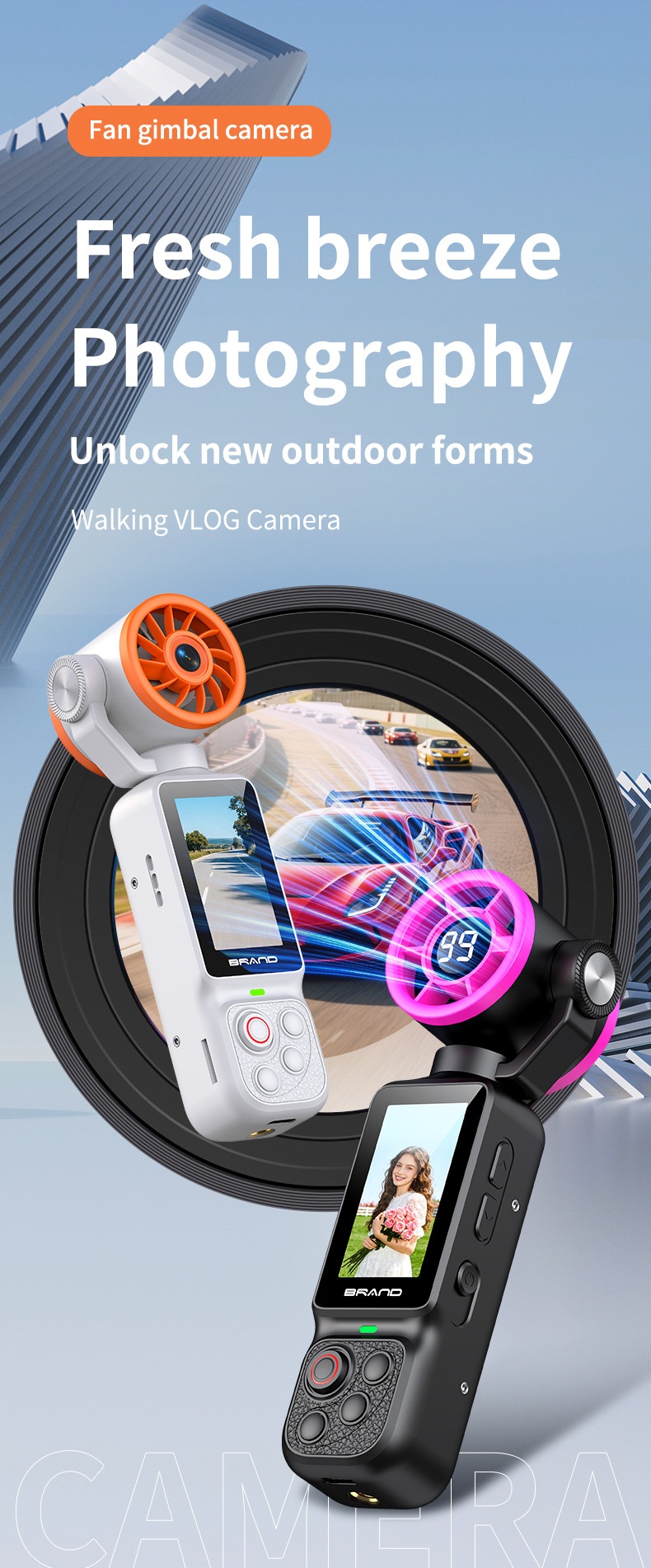 Fan Gimbal Camera 1080P HD Anti-Shake Vlog Action Cam, 180° Rotatable Lens, 2000mAh Battery