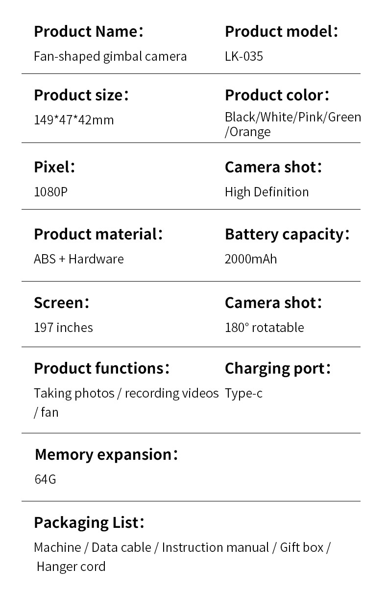 Fan Gimbal Camera 1080P HD Anti-Shake Vlog Action Cam, 180° Rotatable Lens, 2000mAh Battery