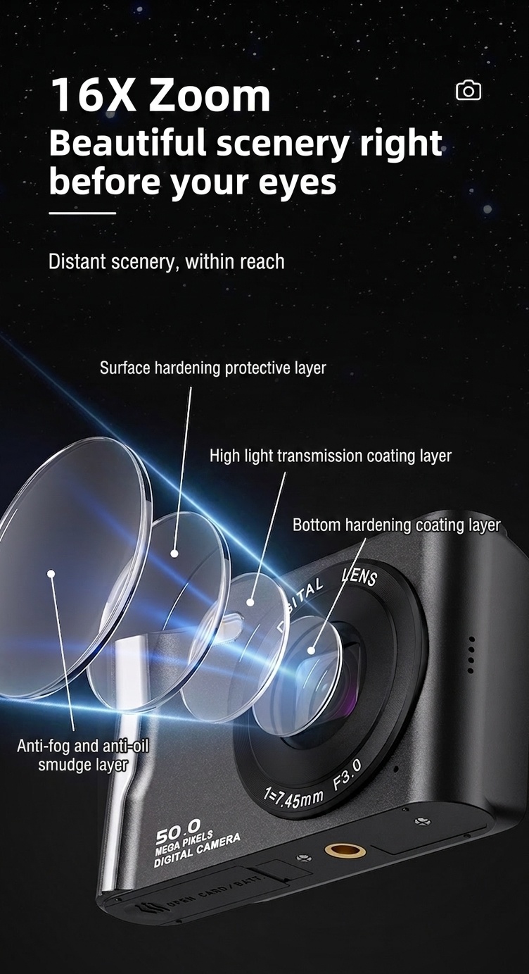 50-Megapixel-Digitalkamera mit 4K-Videofunktion, 16-fachem Zoom, 2,8-Zoll-HD-Bildschirm und 120 Minuten Akkulaufzeit