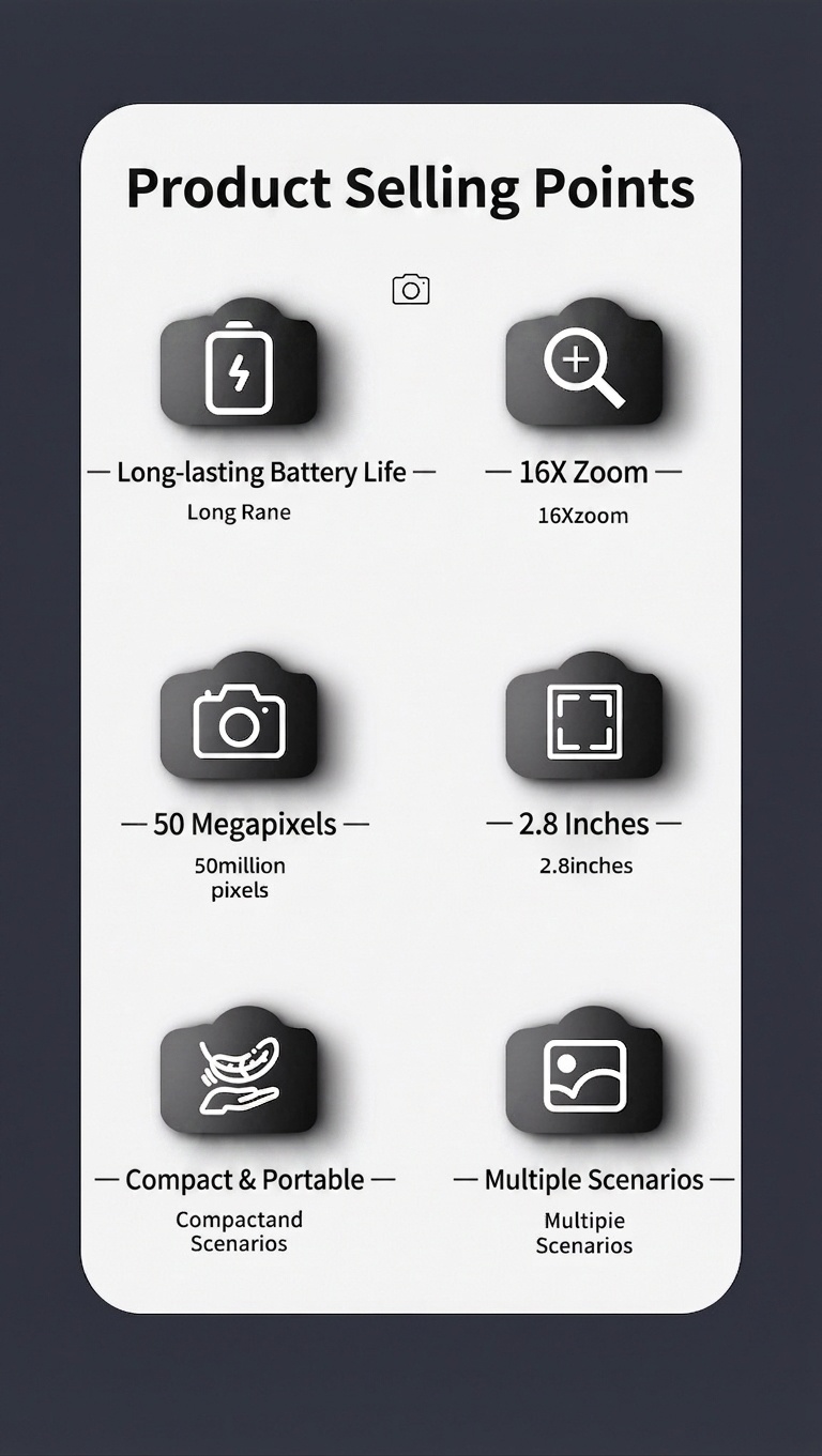 50-Megapixel-Digitalkamera mit 4K-Videofunktion, 16-fachem Zoom, 2,8-Zoll-HD-Bildschirm und 120 Minuten Akkulaufzeit
