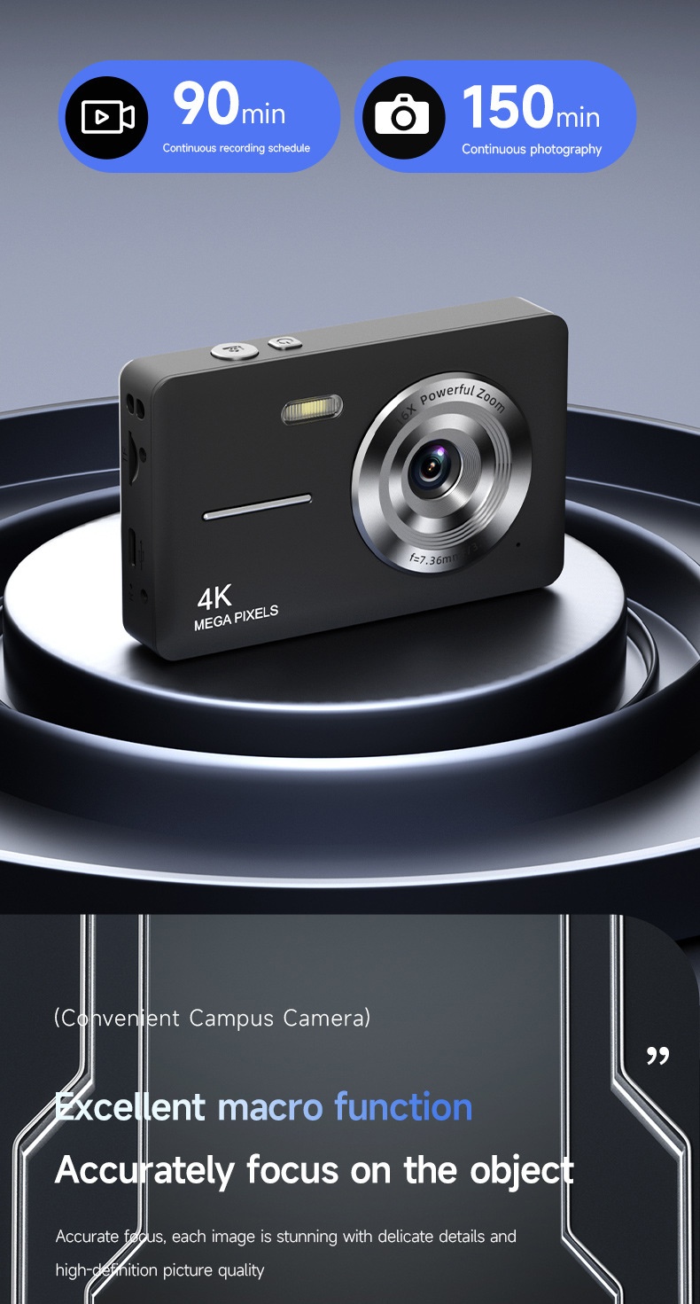 4K Digital Campus Camera 48MP, 16X Digital Zoom, Built-in Flash, Type-C Charging, Extended Battery Life