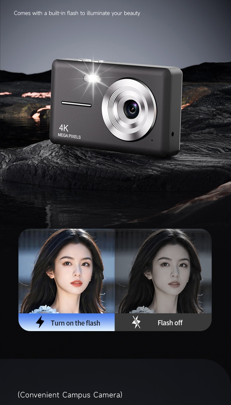 4K Digital Campus Camera 48MP, 16X Digital Zoom, Built-in Flash, Type-C Charging, Extended Battery Life
