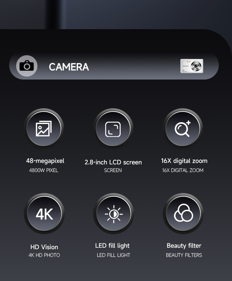 4K Digital Campus Camera 48MP, 16X Digital Zoom, Built-in Flash, Type-C Charging, Extended Battery Life