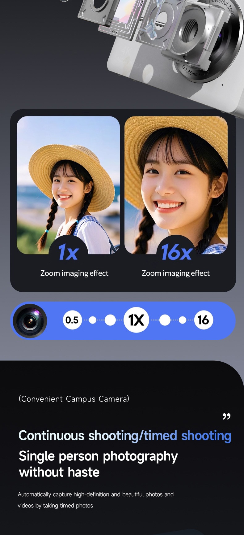 4K Digital Campus Camera 48MP, 16X Digital Zoom, Built-in Flash, Type-C Charging, Extended Battery Life