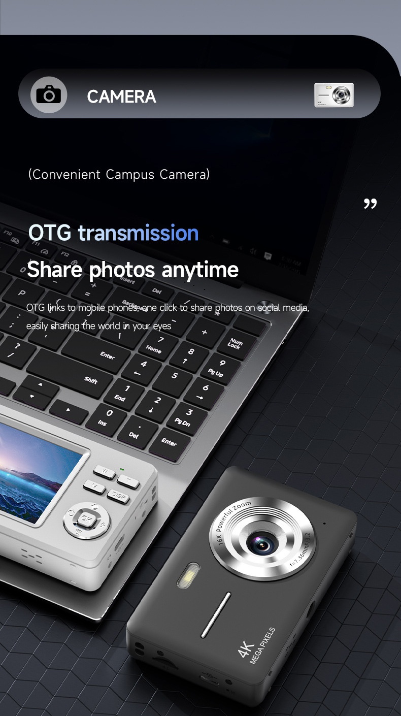 4K Digital Campus Camera 48MP, 16X Digital Zoom, Built-in Flash, Type-C Charging, Extended Battery Life