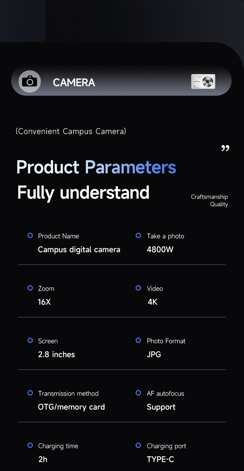 4K Digital Campus Camera 48MP, 16X Digital Zoom, Built-in Flash, Type-C Charging, Extended Battery Life