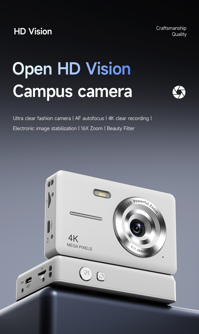4K Digital Campus Camera 48MP, 16X Digital Zoom, Built-in Flash, Type-C Charging, Extended Battery Life