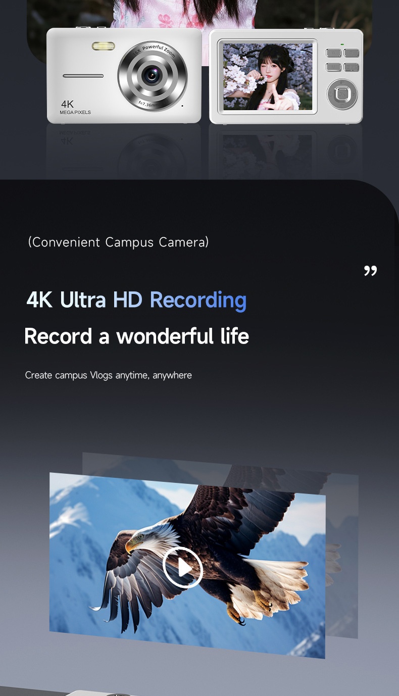 4K Digital Campus Camera 48MP, 16X Digital Zoom, Built-in Flash, Type-C Charging, Extended Battery Life