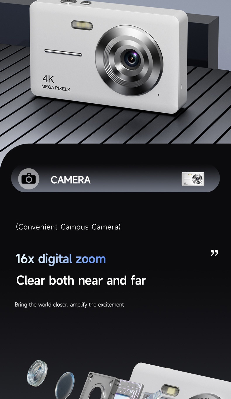 4K Digital Campus Camera 48MP, 16X Digital Zoom, Built-in Flash, Type-C Charging, Extended Battery Life