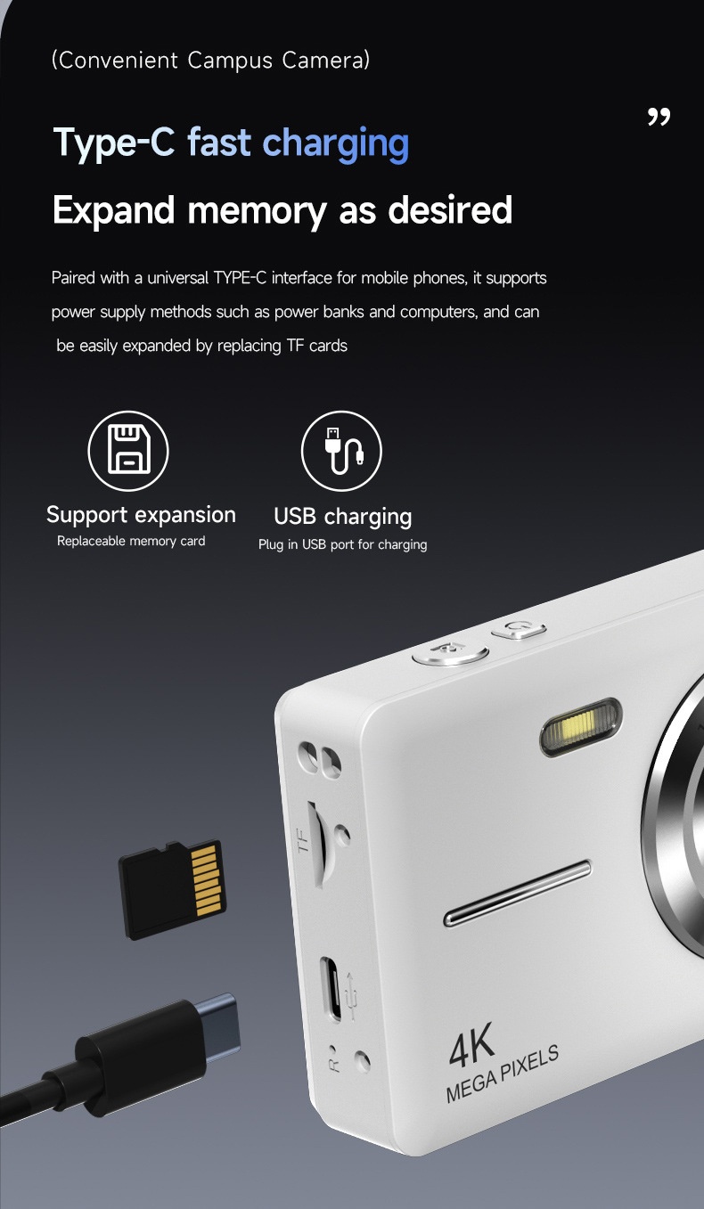 4K Digital Campus Camera 48MP, 16X Digital Zoom, Built-in Flash, Type-C Charging, Extended Battery Life