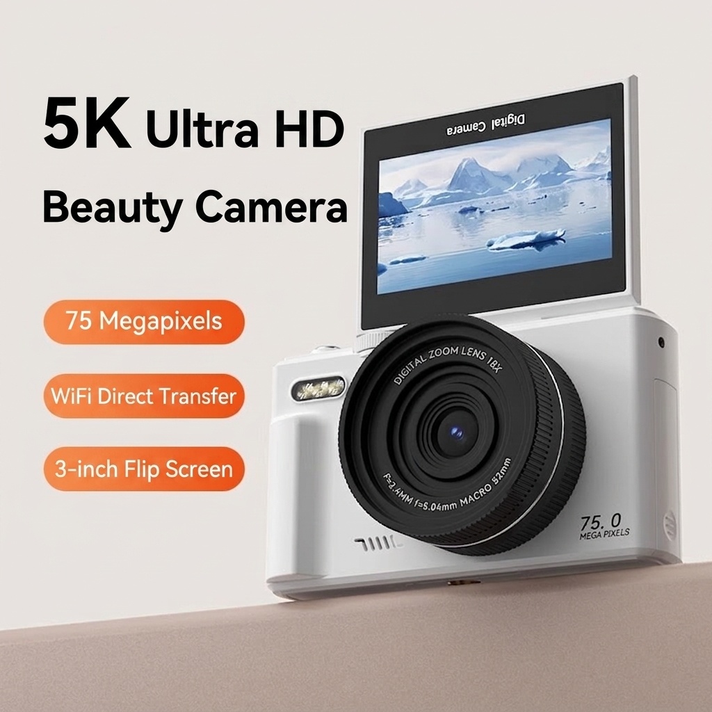 5K Digital Camera 75MP with 3-Inch 180° Flip Screen, WiFi Sharing, 18x Zoom, Smart Beauty Mode, 1150mAh Battery