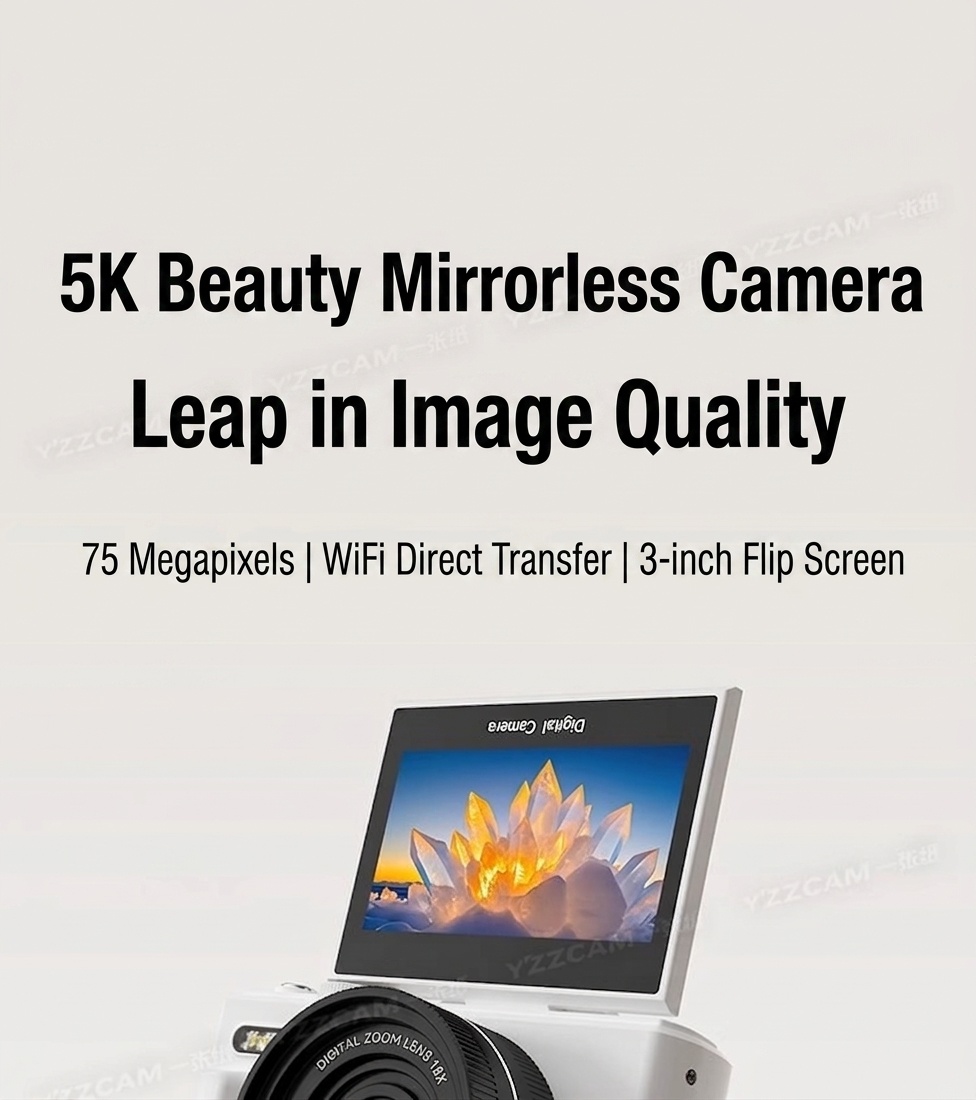 5K Digital Camera 75MP with 3-Inch 180° Flip Screen, WiFi Sharing, 18x Zoom, Smart Beauty Mode, 1150mAh Battery