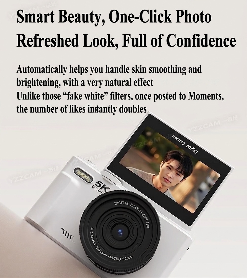 5K Digital Camera 75MP with 3-Inch 180° Flip Screen, WiFi Sharing, 18x Zoom, Smart Beauty Mode, 1150mAh Battery