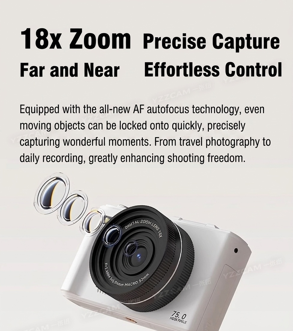 5K Digital Camera 75MP with 3-Inch 180° Flip Screen, WiFi Sharing, 18x Zoom, Smart Beauty Mode, 1150mAh Battery