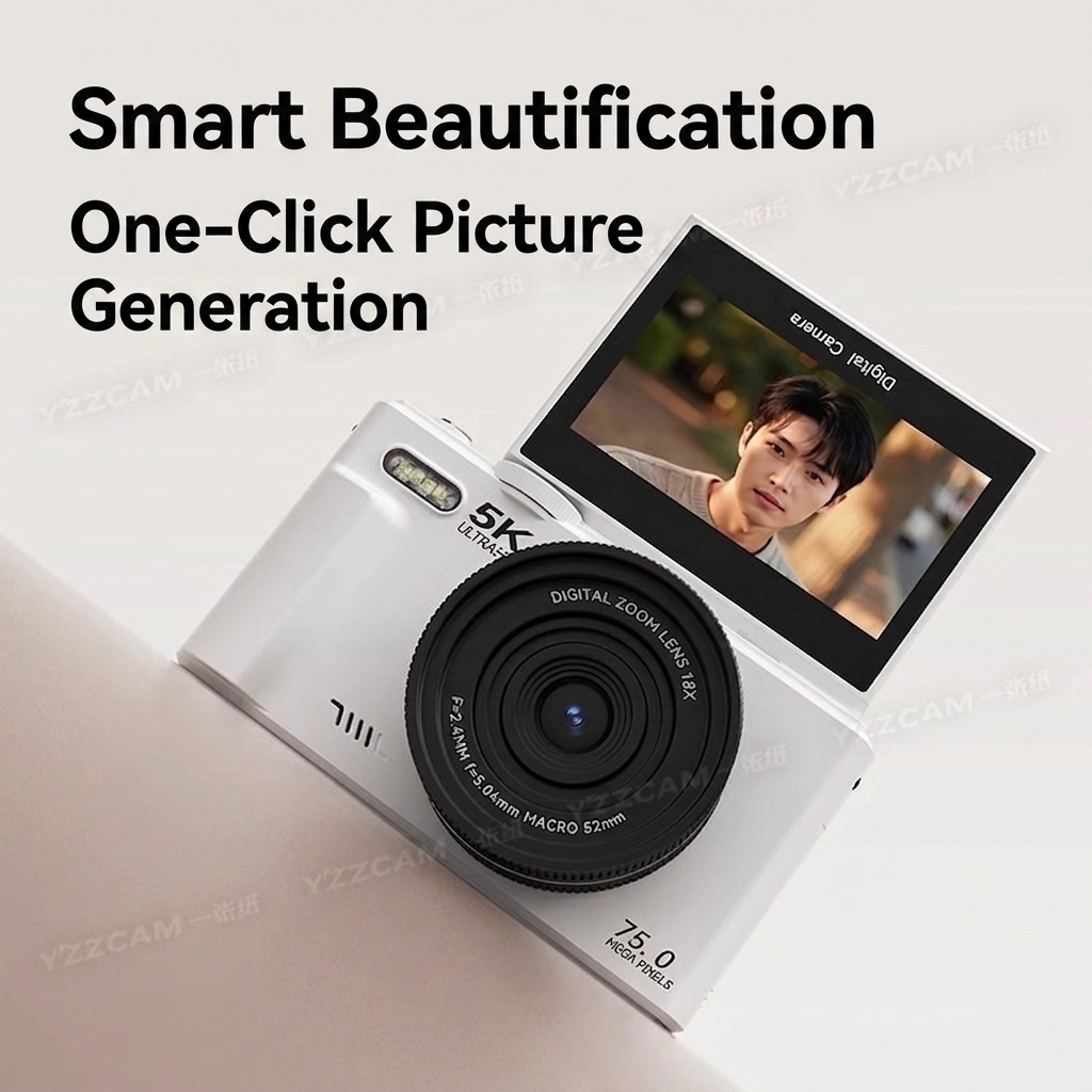 5K Digital Camera 75MP with 3-Inch 180° Flip Screen, WiFi Sharing, 18x Zoom, Smart Beauty Mode, 1150mAh Battery