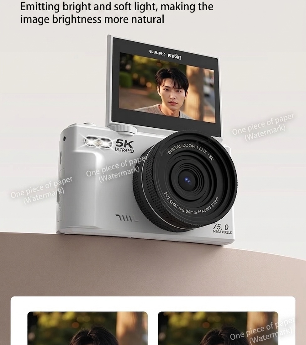 5K Digital Camera 75MP with 3-Inch 180° Flip Screen, WiFi Sharing, 18x Zoom, Smart Beauty Mode, 1150mAh Battery