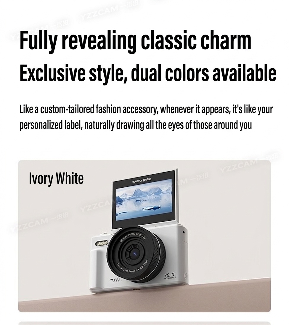 5K Digital Camera 75MP with 3-Inch 180° Flip Screen, WiFi Sharing, 18x Zoom, Smart Beauty Mode, 1150mAh Battery