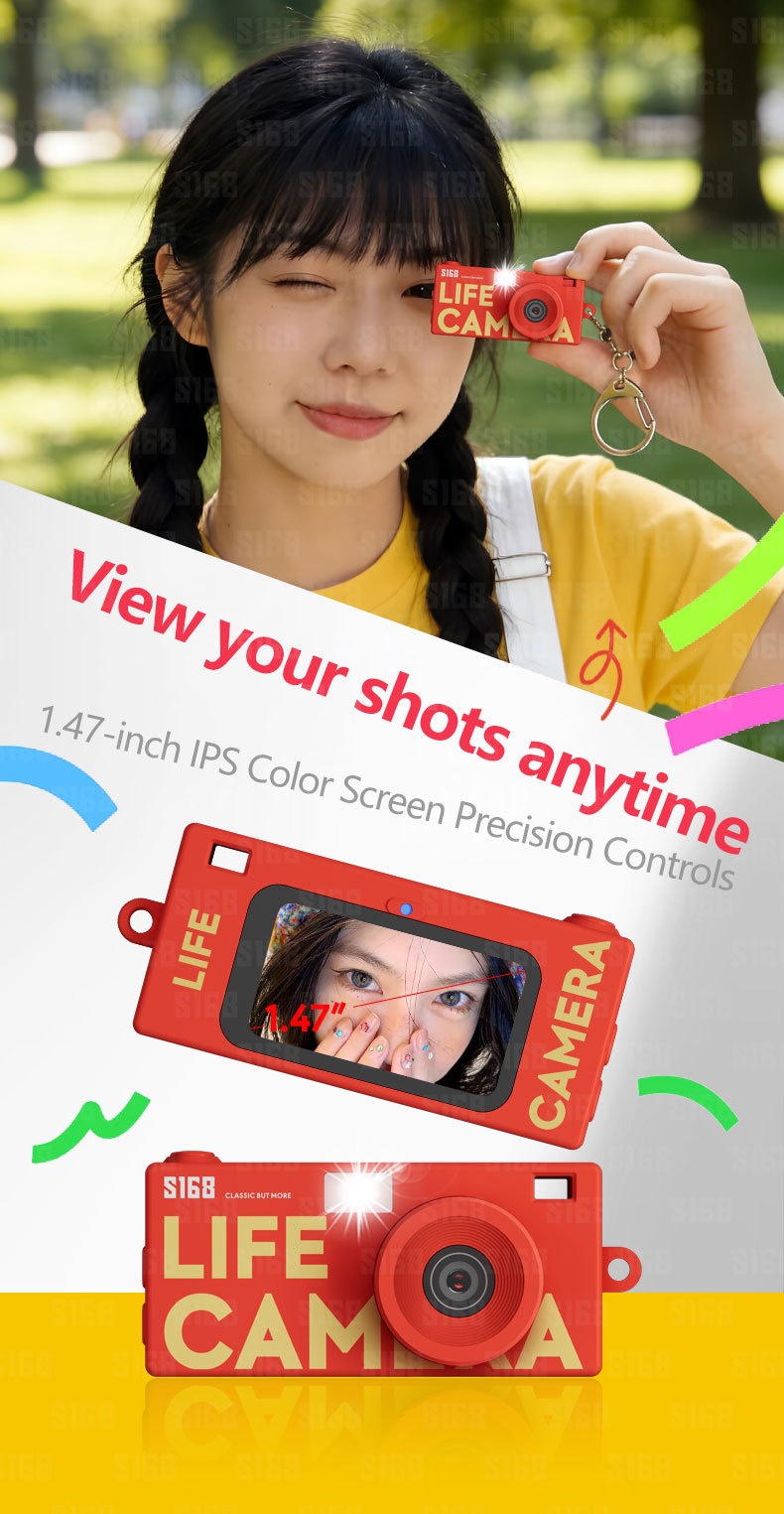 S168 Life Camera 2K Ultra-Thin Mini Digital Camera Keychain, 48MP Photos, 1.47-Inch IPS Color Screen