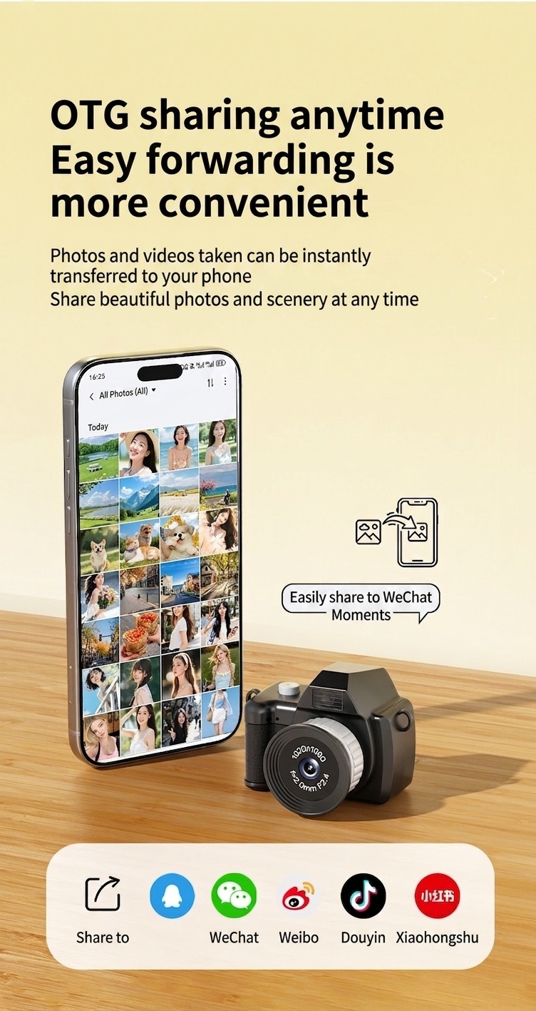 Mini cámara digital portátil de doble lente 1080P para vlogging, pantalla IPS de 1,47 pulgadas, batería de 250 mAh, carga tipo C.